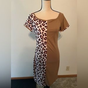 Patpat Women’s knit dress tan w leopard NWT size L